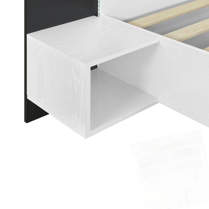 Wooden Floating Platform Bed, with LED Lights and Bedside Nightstand