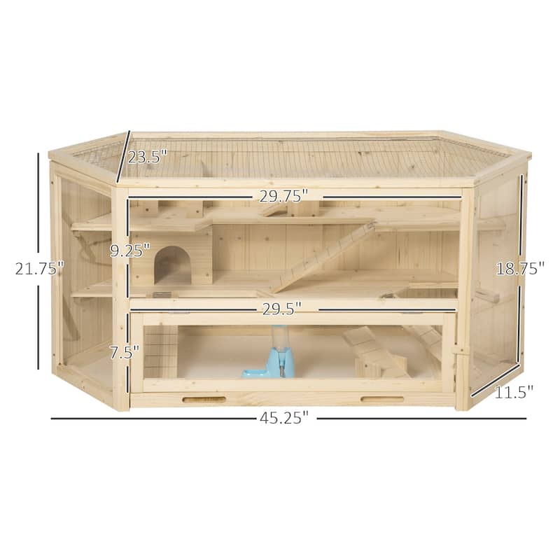 Large 3-Tier Hamster Cage with Clear Walls and Solid Wood Frame Toys and Hideouts for Small Pets - 45.25" L x 23.5" W x 21.75" H