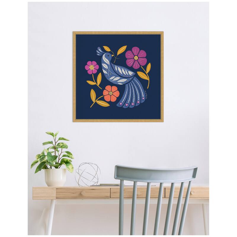 Kate and Laurel Sylvie Boho Folk Art Bird Blue and Gold Framed Canvas by Carey Copeland