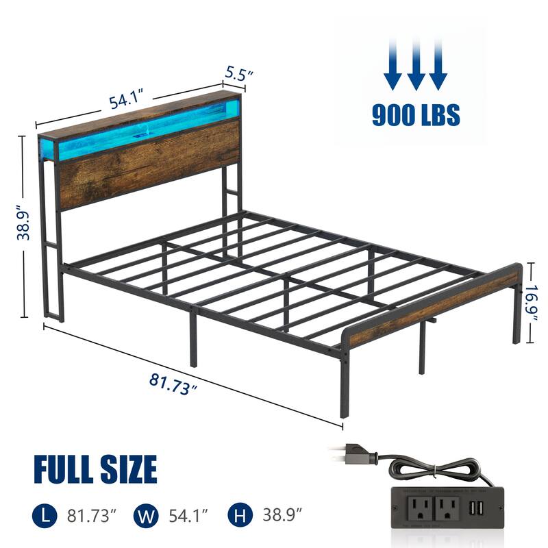 Full Size Metal Bed Frame with LED Headboard, USB Charging, Sturdy Steel Slat Support, Noise-Free Design, Under-Bed Storage