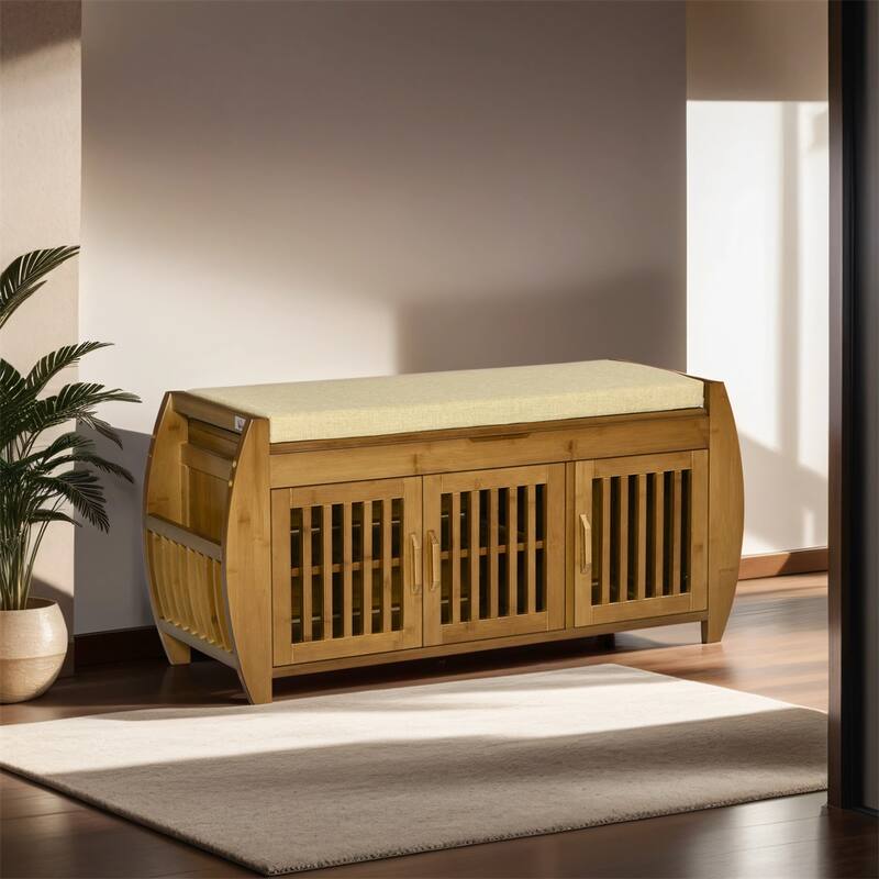 Bamboo Entryway Shoe Bench with Storage Cabinets, Seating Cushion - Brown