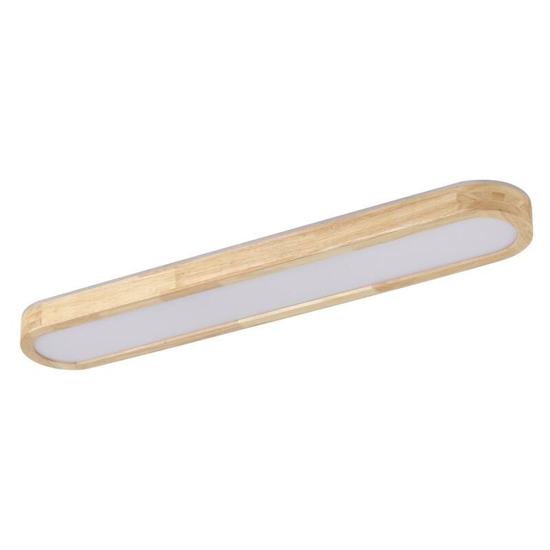 Modern Linear Flush Mount Ceiling Light Matte White Metal with Wood Grain Accent Milky White Diffuser