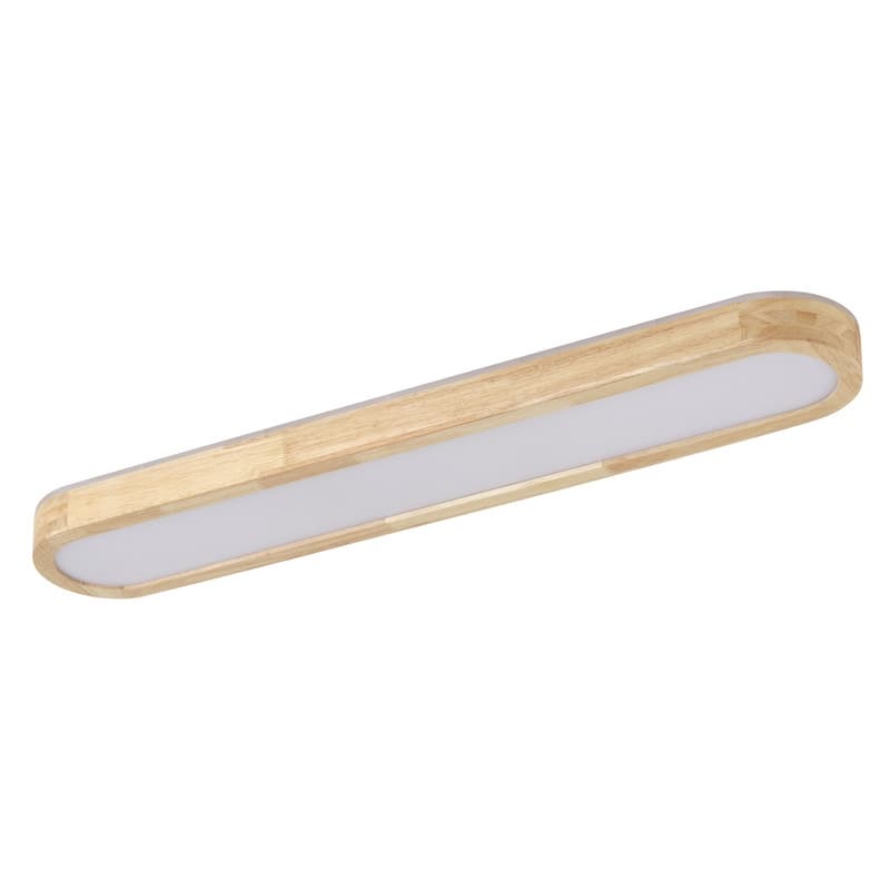 Modern Linear Flush Mount Ceiling Light Matte White Metal with Wood Grain Accent Milky White Diffuser