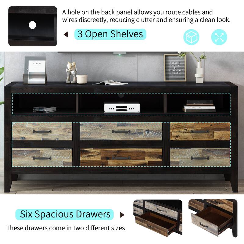 64" Distressed Wood TV Stand, 6 Drawer Storage & 3 Shelves, Cable Management - Farmhouse Style