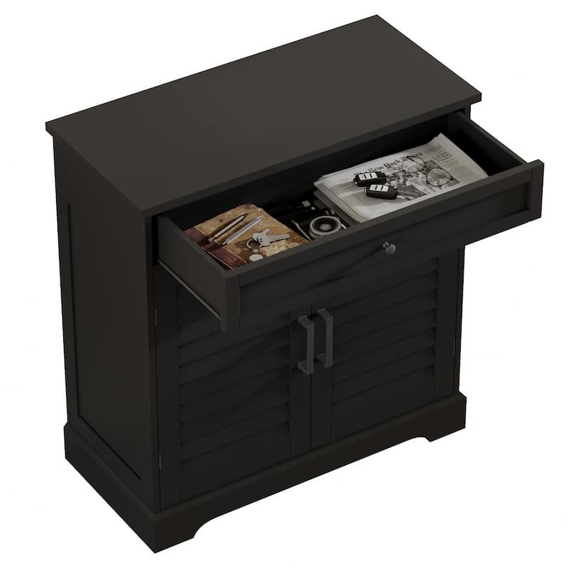 16 Pair Shoe Cabinet with Shuttered Doors, Wood Storage Cabinet with Drawer, Large Storage Entryway Accent Cabinet