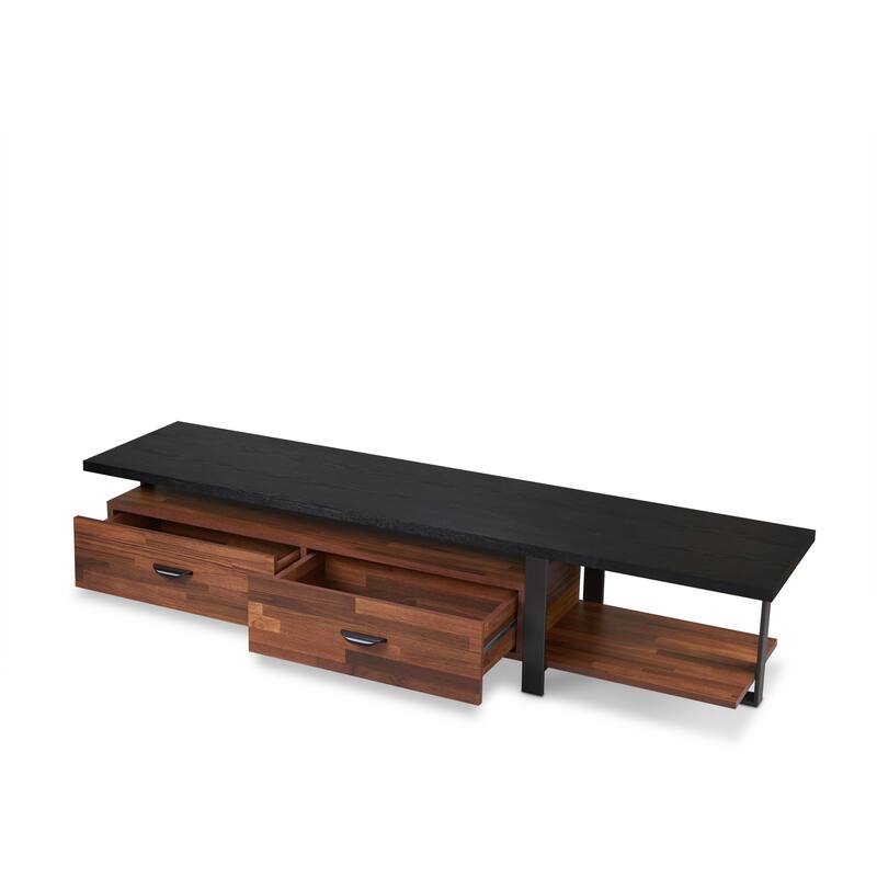 Versatile Walnut & Black TV Stand with 2 Drawers and Open Storage, Fits 55 TV