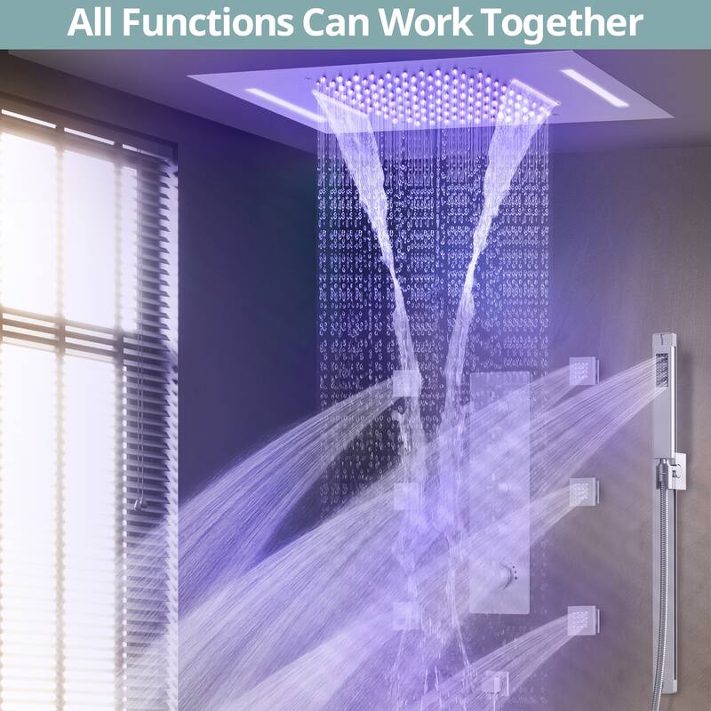 64 LED Thermostatic Shower Faucet 22"x15" Rainfall & Waterfall Shower System 5 Way Digital Display Valve w/ 6 Body Jets