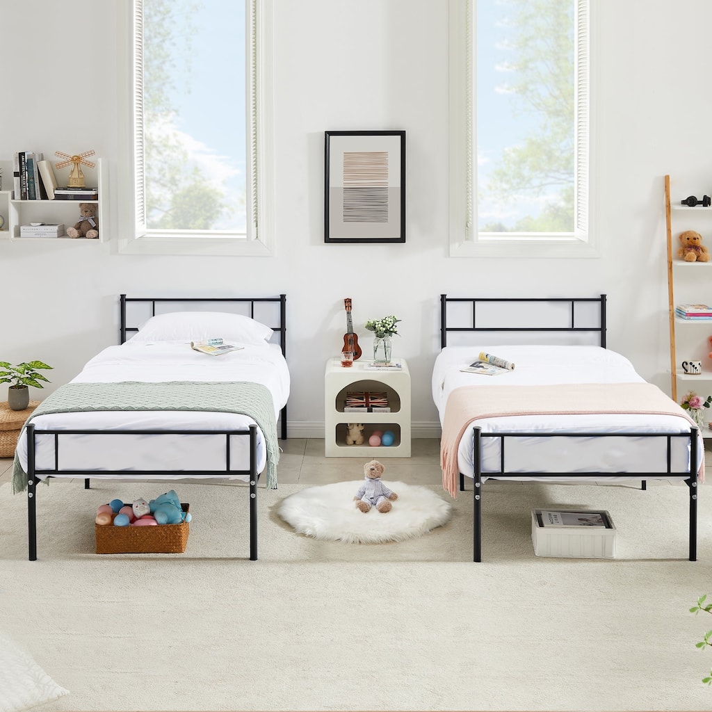 2 Pcs Twin Platform Bed Frame with Headboard and Footboard, No Box Spring Needed