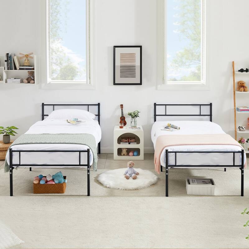 VECELO Platform Twin Metal Bed Frame Mattress Foundation Headboard,Twin Size Bed Set of 2 - black
