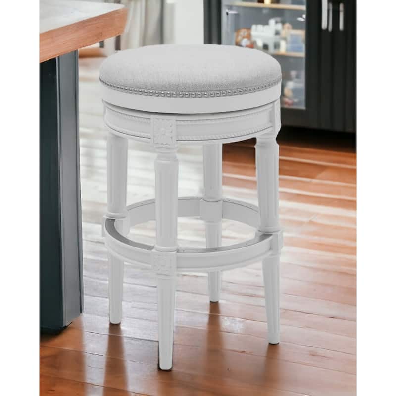 White Round Swivel Backless Bar Stool with Fabric Seat and Footrest