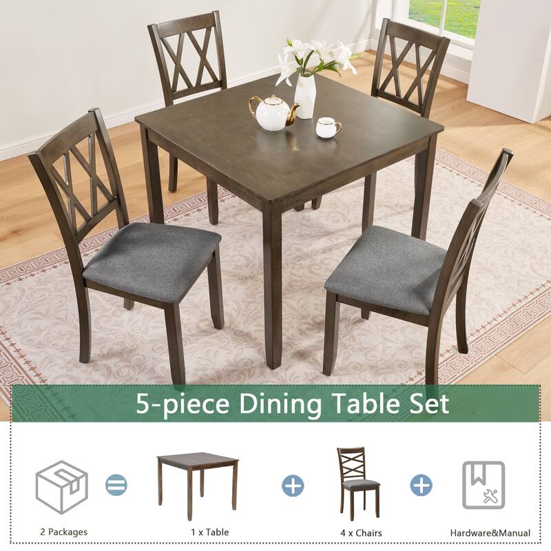 5-Piece Dining Table Set w/Square Table and 4 Upholstered X-Shaped Backrset Chair for 4 Person, Modern Style Wooden Table Set