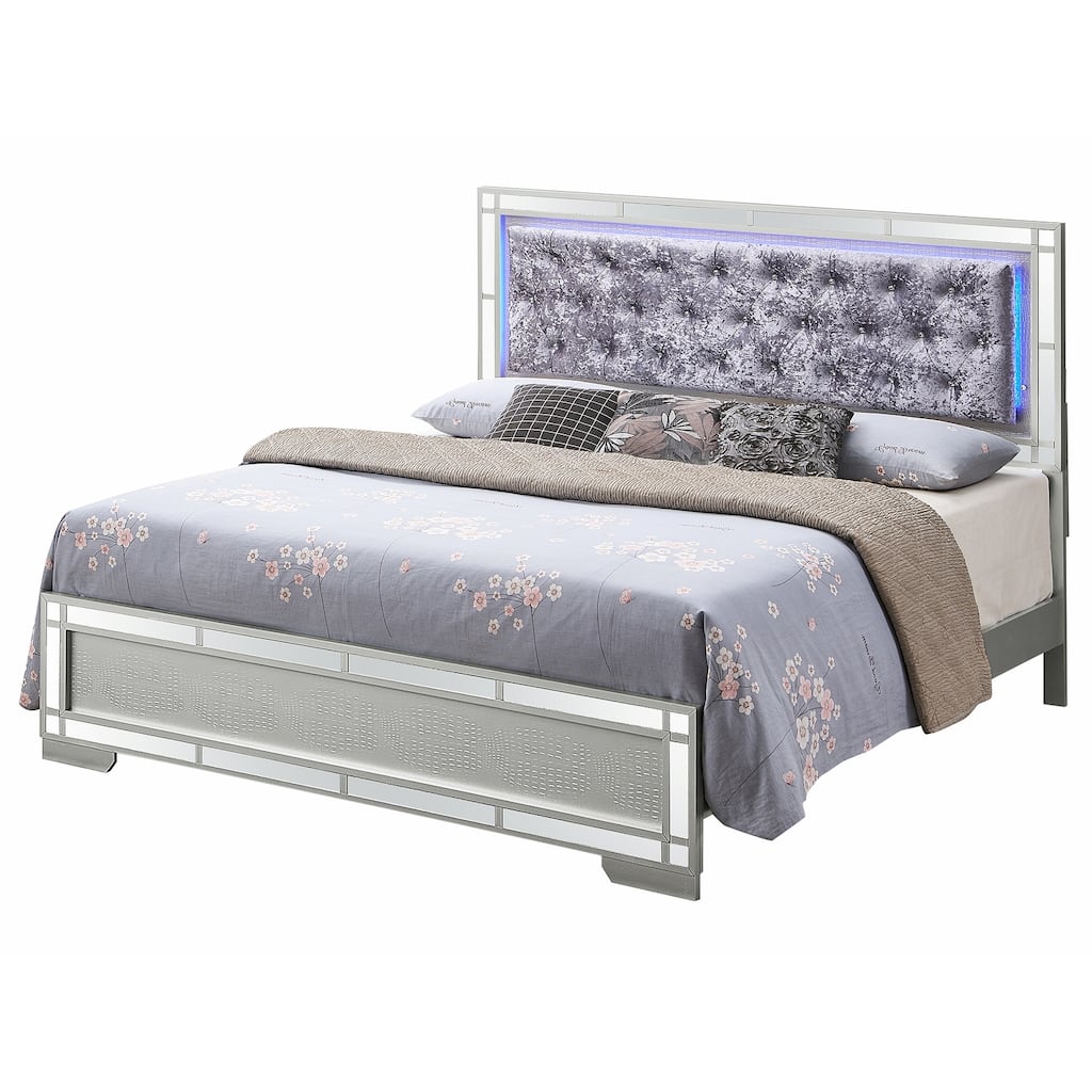 LED Lighted Velvet Tufted Full Panel Bed - 79" - Silver Champange Finish
