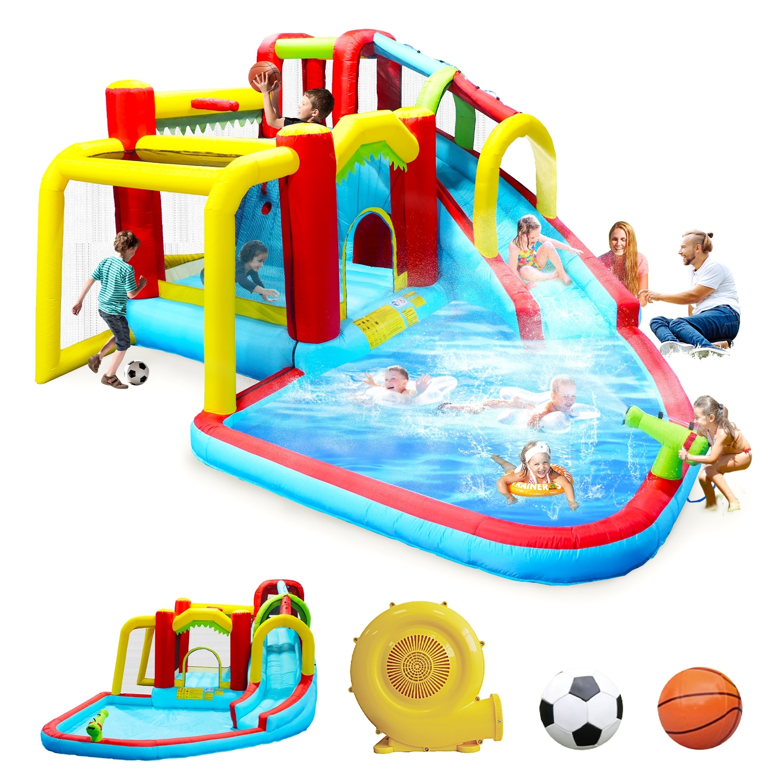 7 in1 Inflatable slide water park bouncing house Soccer garden bouncer,Splash pool,Water gun,Climbing wall,Basketball,Football