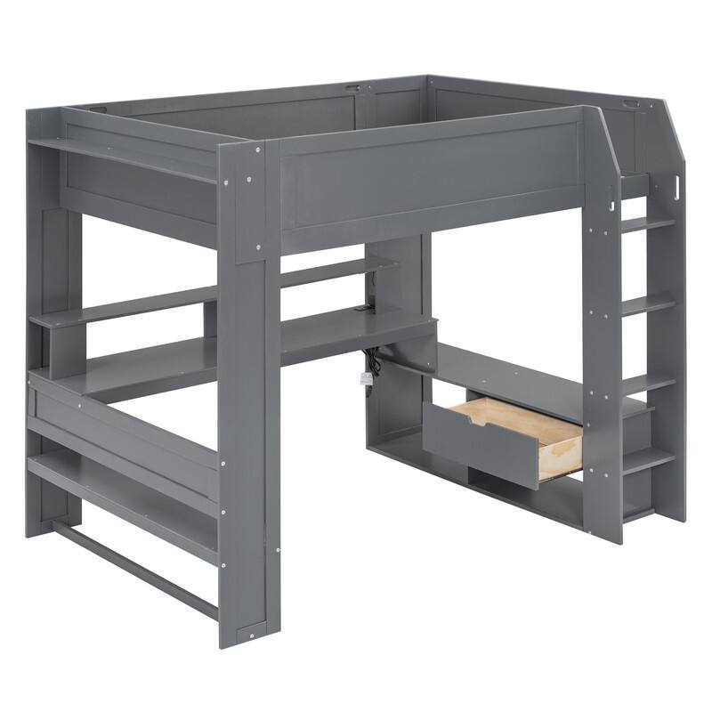 Wood Gaming Loft Bed with LED Light and Bulit-in Desk, Twin/Full Size Loft Bedframe w/Drawer, Storage Shelves & Charging Station