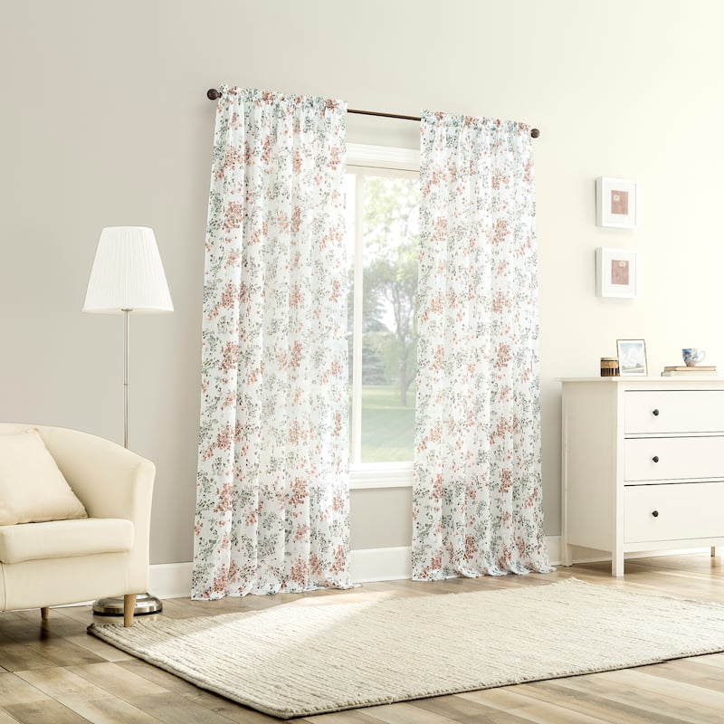 No. 918 Alethea Floral Print Crushed Voile Sheer Rod Pocket 1-Piece Curtain Panel, Single Panel