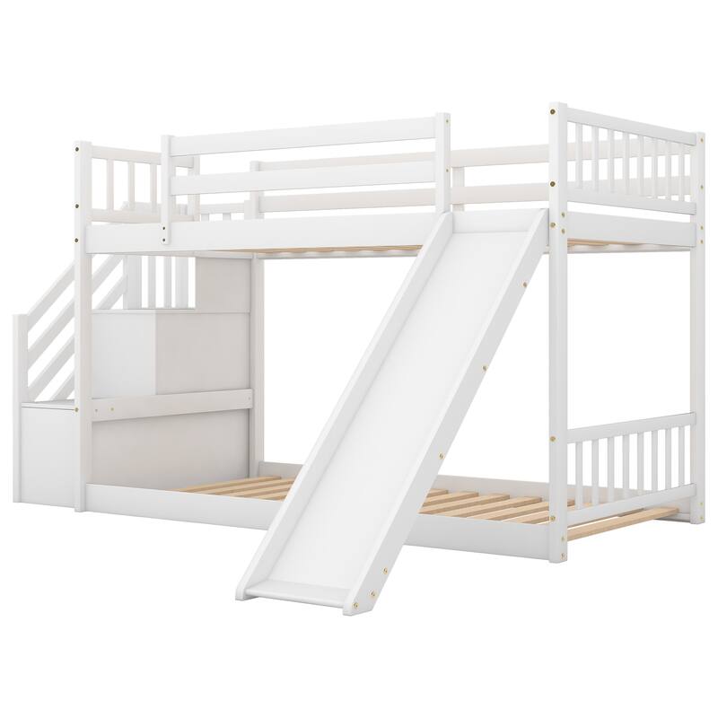 Twin Over Twin Bunk Bed with Slide and Stairway, Space-Saving Design