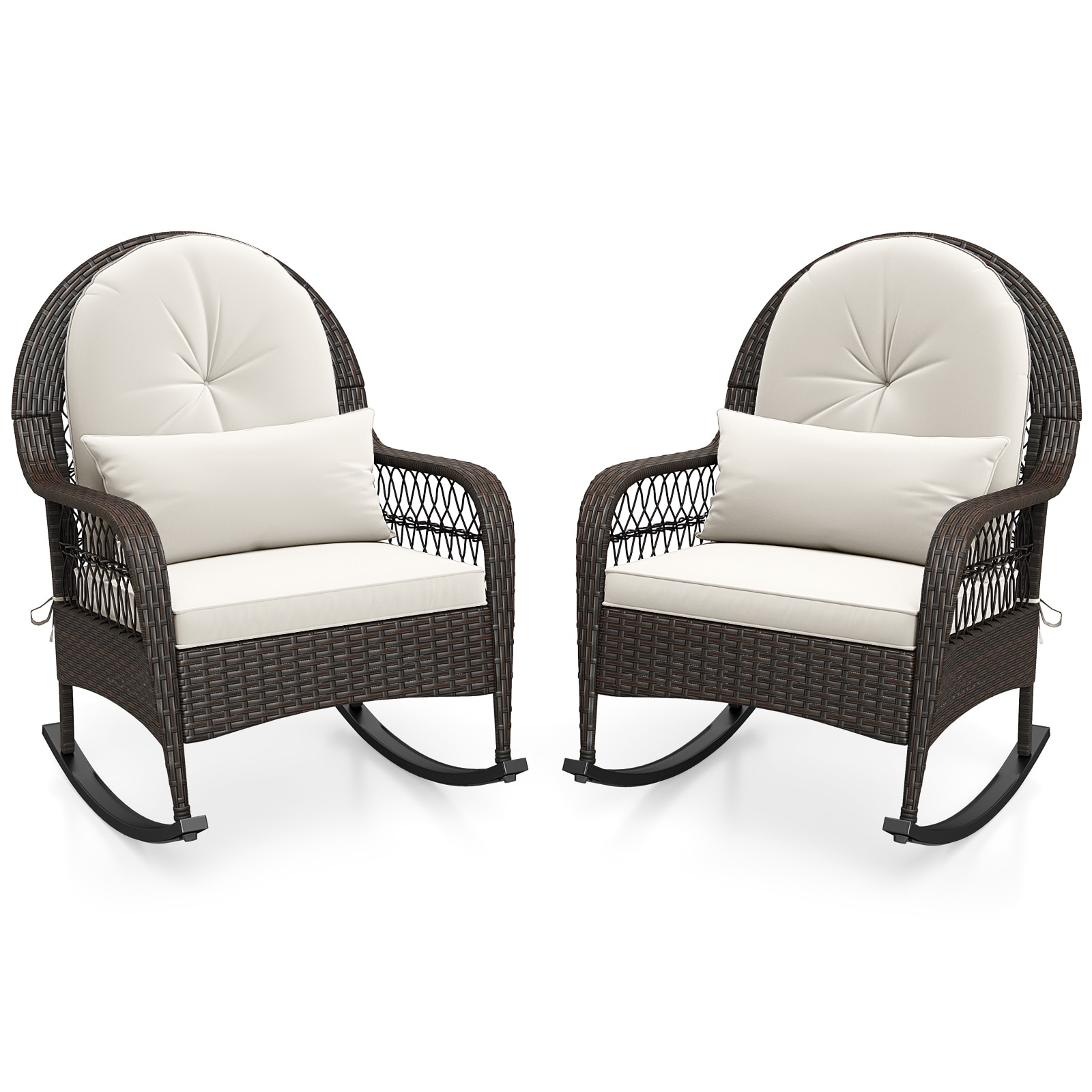 Gymax 2PCS Patio Wicker Rocking Chair w/ White Seat Cushions & Lumbar
