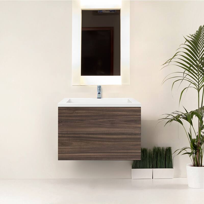 24"/30" Air Wall Mount Floating Bathroom Vanity in Dark Ebony with White Cultured Marble Top