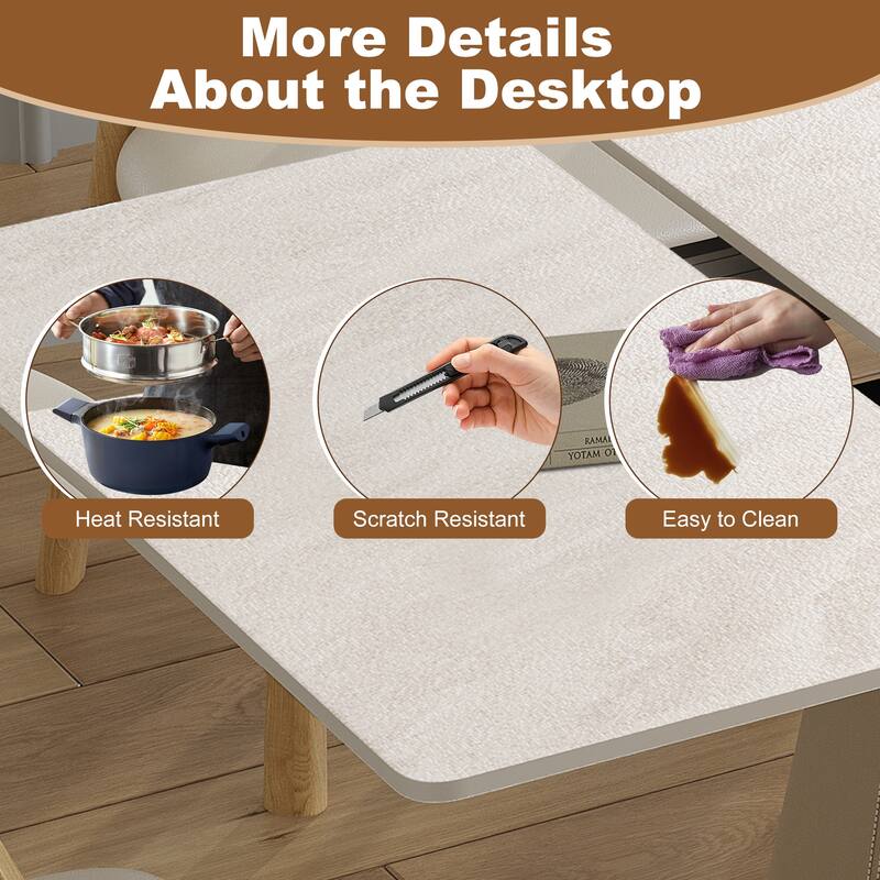 Roomfitters Retractable Rock Slab Dining Table Set, Modern Expandable Square Table with 6 Chairs, White