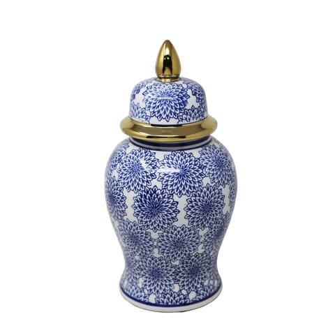 Blue and White Floral Temple Jar - 8.0" x 8.0" x 14.0"