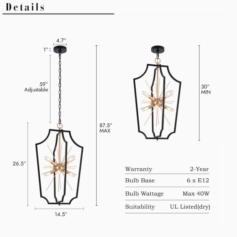 Modern Glam 6-Light Black Gold Sputnik Chandelier Cage Pendant Light for Dining Room - 14.5'' D x 26.5'' H