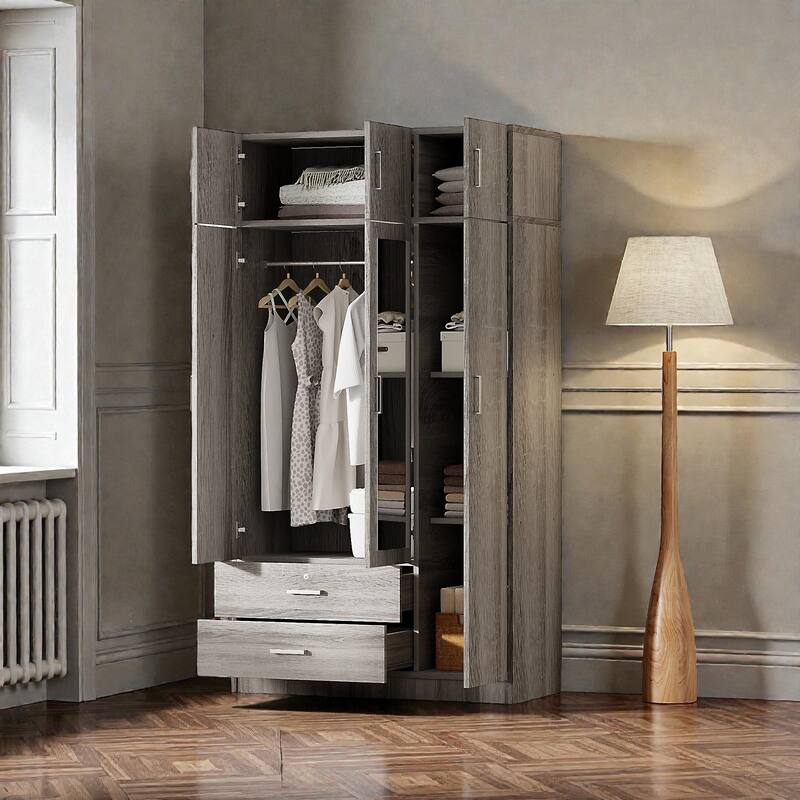 3 Door Wardrobe with Mirror, Top Cabinet and 2 Drawers, Freestanding Bedroom Armoire Closet Storage