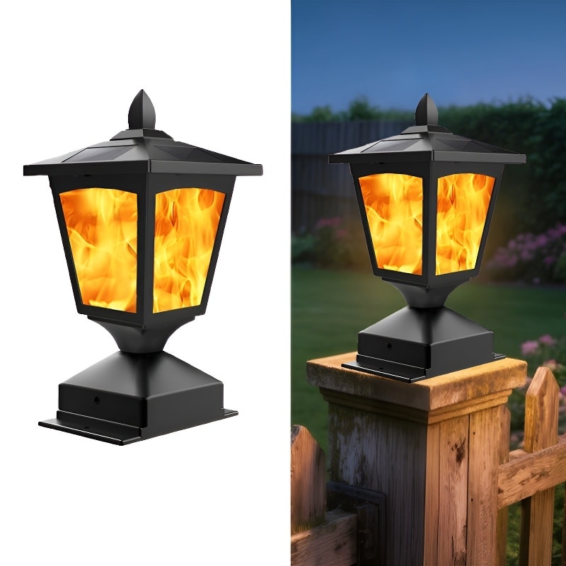 Solar Post Cap Lights for 4x4 Fence Flickering Flame LED Waterproof - Black