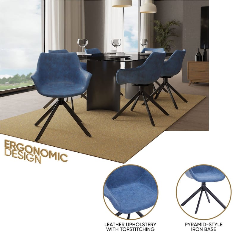 Markley Modern Swivel Dining Chair with Distressed Leather Upholstery, Ergonomic Back, and Black Metal Legs for Home or Office