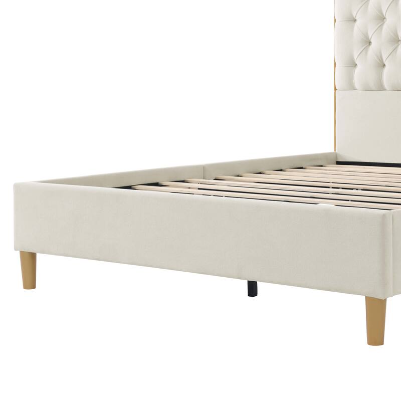 Queen Upholstered Bed Frame with Curved Tufted Headboard
