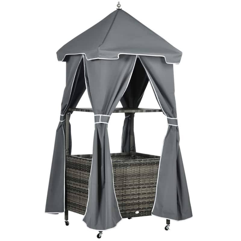 Outdoor Rolling Towel Valet Caddy with Canopy PE Rattan Storage Rack for Pool Patio Bathroom - 34.25" L x 31" W x 78.75" H