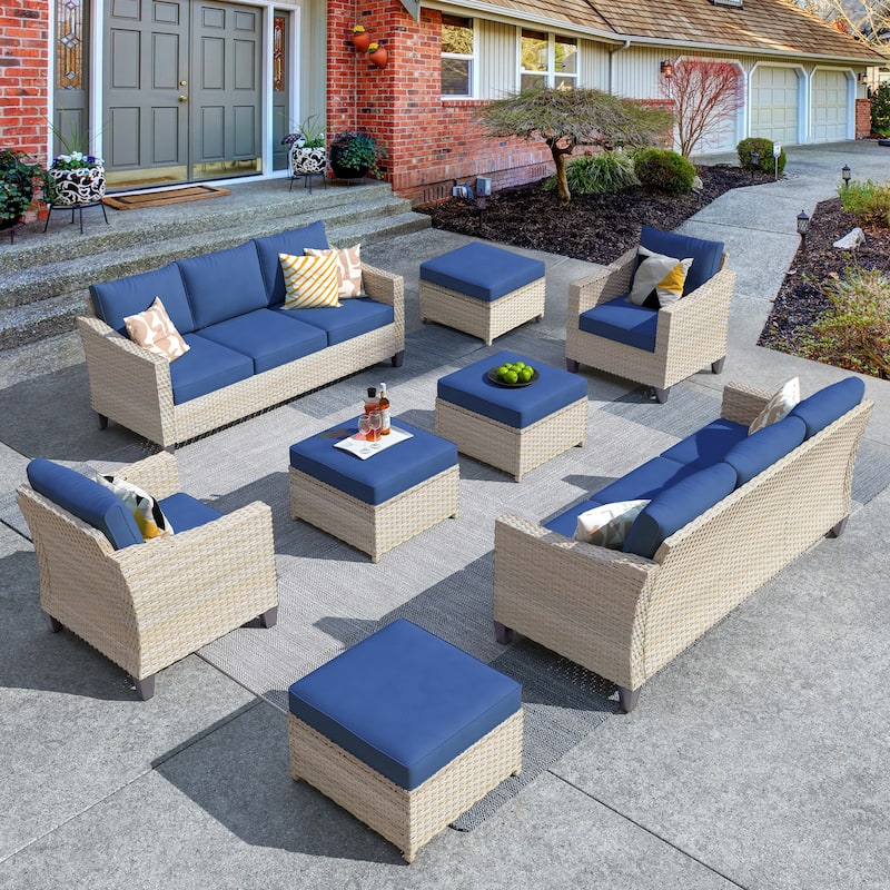 HOOOWOOO 8-piece Wicker Patio Furniture Conversation Sofa Set - Navy Blue