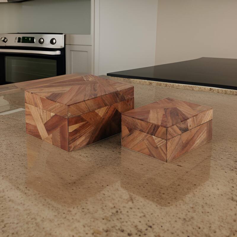 Alia Decor Storage Box Set of 2, Rectangular, Geometric Brown Wood Tones