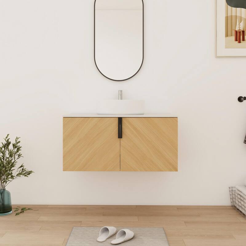 Bathroom Vanity With Sink In 30/36 Inch, Floating Bathroom Vanity With 2 Soft Close Doors - 35.44''W×18.88''D×21.8''H - Beige-Glossy White Sink