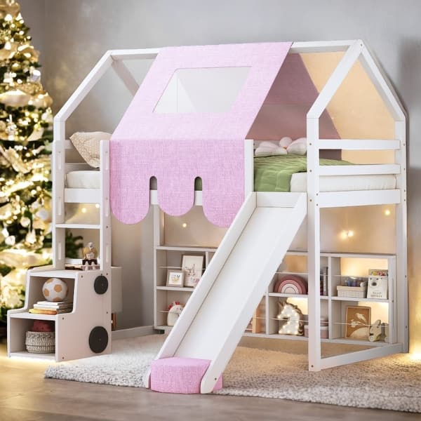 slide 2 of 20, Pink Wooden House-shaped Loft Bed Kids Bed with Tent,Twin size Pink