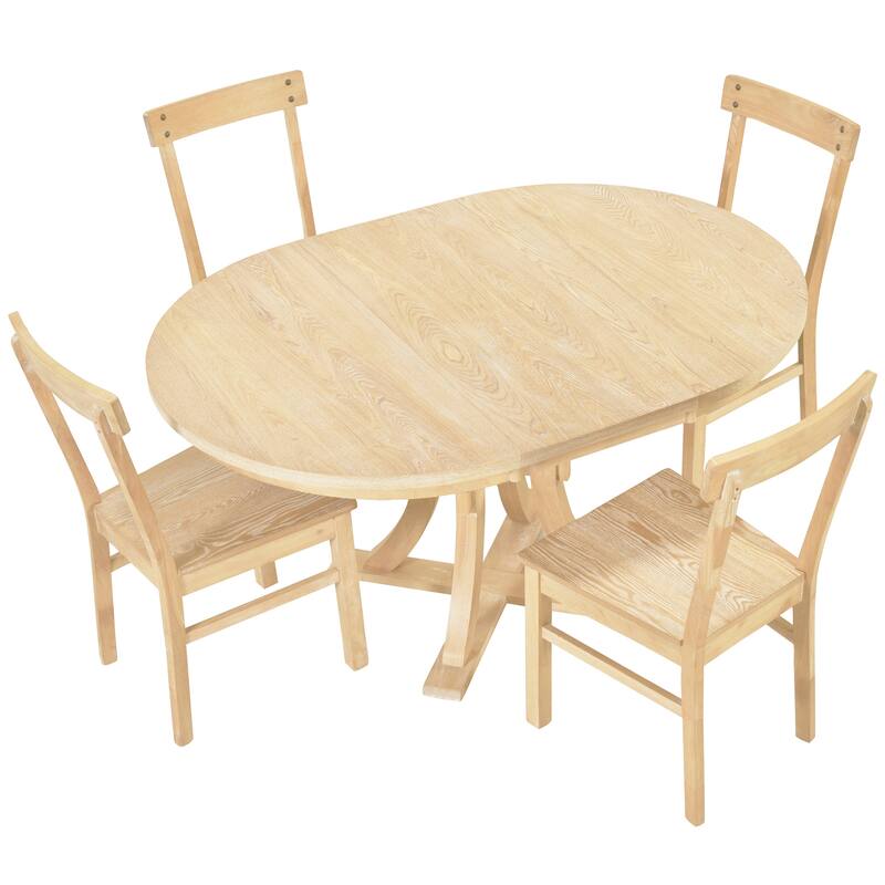 5-Piece Rustic Round Pedestal Extendable Dining Table Set with 15.7" Removable Leaf and Simple Dining Chirs for Small Places