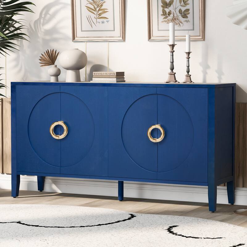 4 Door Cupboard Sideboard with Rounded Door Accent, Storage Cabinet with Metal Support legs and Rounded Metal Door Handle - Navy Blue