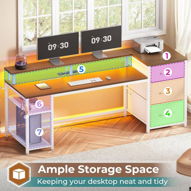 Office Desk 3 Fabric Drawers Computer Desk LED Lights & Power Outlet