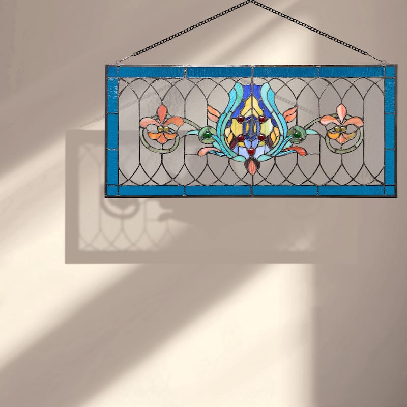 River of Goods Fleur De Lis Stained Glass Pub Window Panel - 30"L x 0.25"W x 14"H