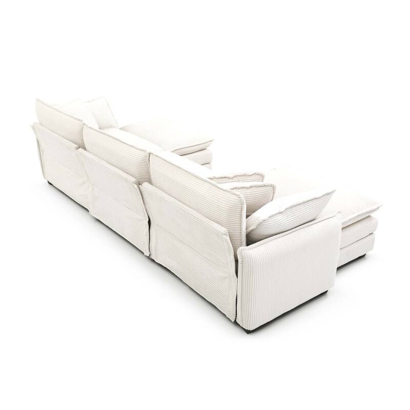 Beige 6-piece Corduroy Upholstered Modular Sleeper Sectional Sofa with 3 Removable Ottoman and 5 Pillows, Free Combination