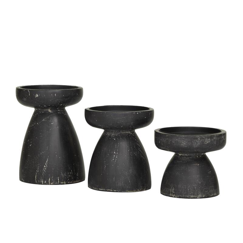 Wood Pillar Candle Holder with White Wash Finish - Set of 3 Black or Brown - Roche River Decor