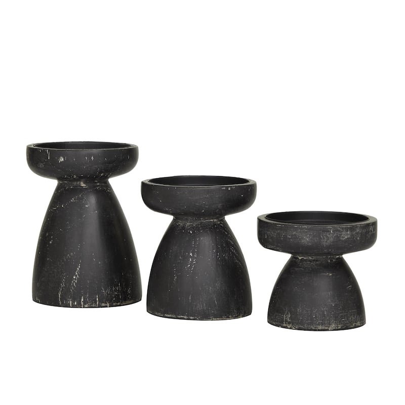 Wood Pillar Candle Holder with White Wash Finish - Set of 3 Black or Brown - Roche River Decor