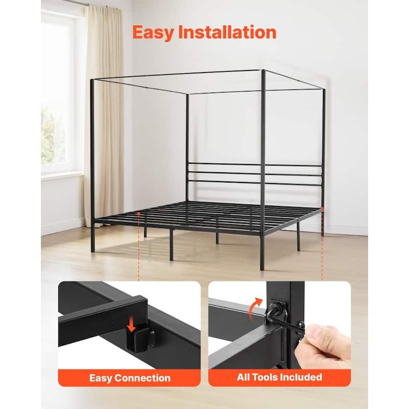 Modern Black Metal Canopy Bed Frame with 12.4 Inch Storage Clearance and Strong Weight Support