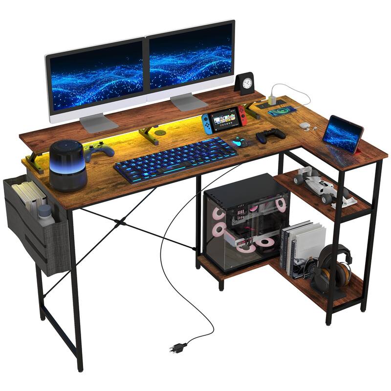 L-Shaped Gaming Desk with Charging Station & RGB LED Lights – Reversible Computer Desk with Monitor Stand
