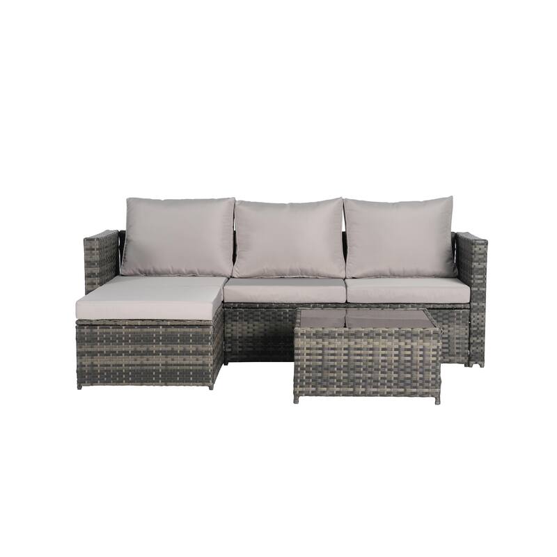 2-Pieces Outdoor Patio L-Shaped Sectional Sofa Set with Glass Coffee Table