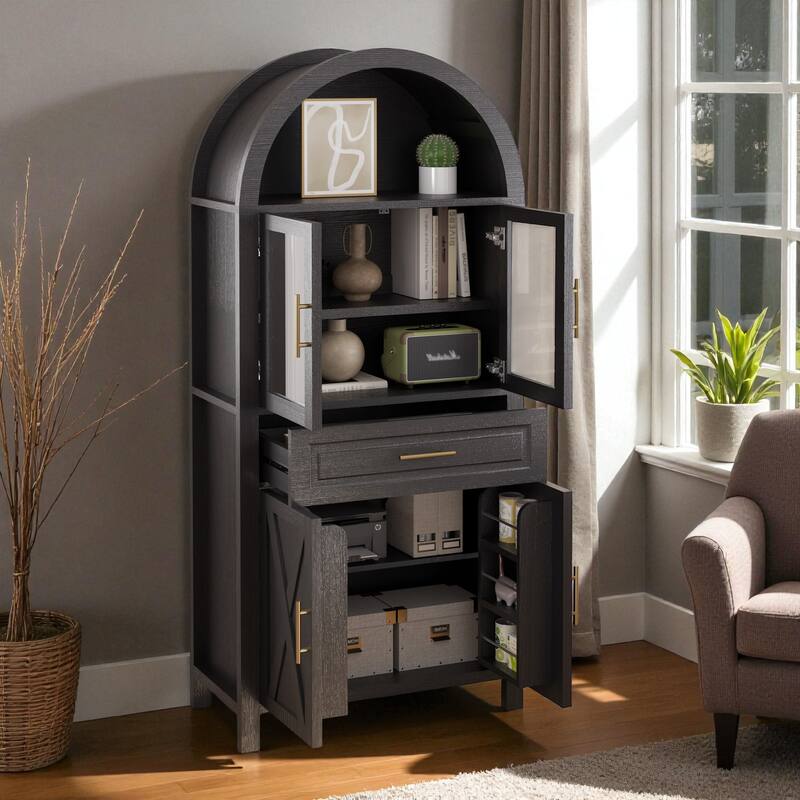 71" Tall Arched Farmhouse Pantry Cabinet with Glass Barn Door, Adjustable Shelves for Kitchen or Dining Room