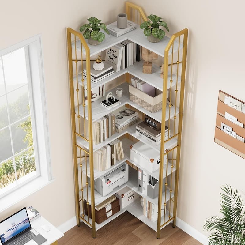 86" 7 Tier Industrial Corner Bookshelf, L-Shaped Bookcase - N/A