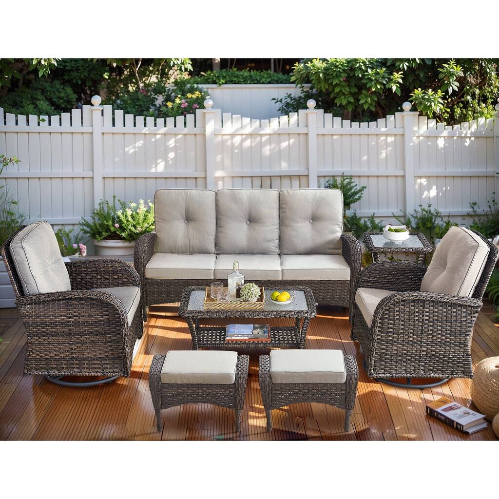 7 Piece Outdoor Sofa with Swivel Chairs and Ottomans - Brown