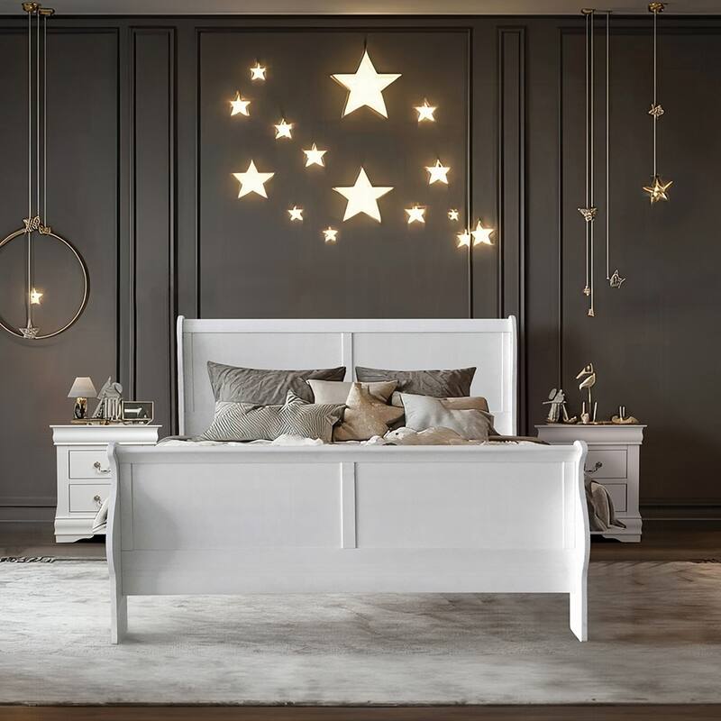 White Finish Queen Sleigh Bed with Wood Construction and 3 Slats - White