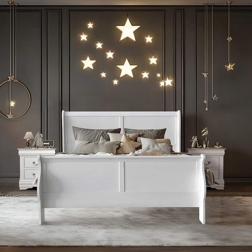 White Finish Queen Sleigh Bed with Wood Construction and 3 Slats