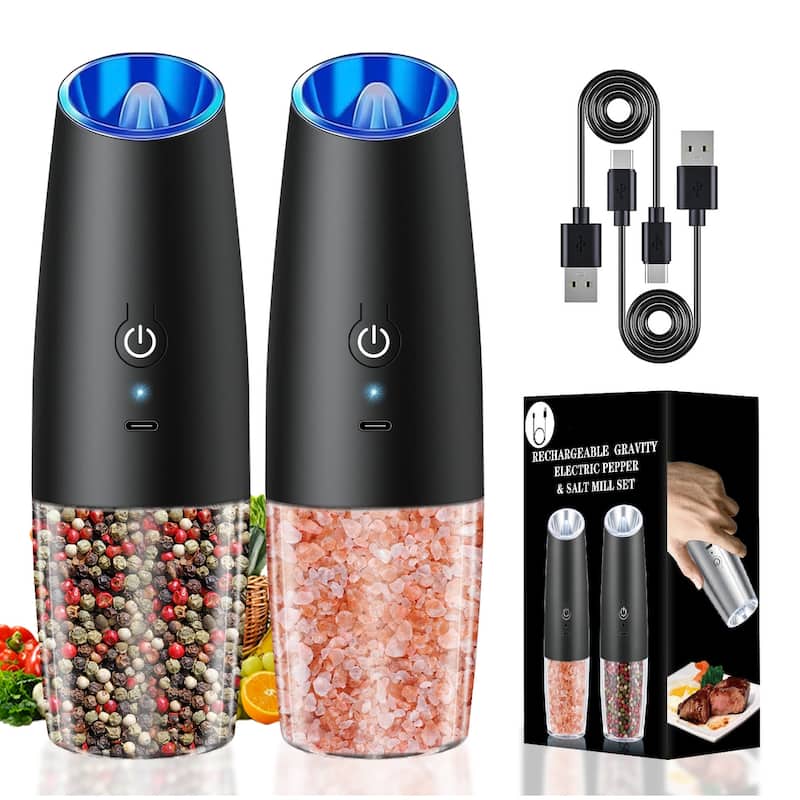Electric Salt and Pepper Grinder Set 2-Pack USB Rechargeable One-Hand Operation Adjustable Coarseness - 2:48" x 7.94" - Black